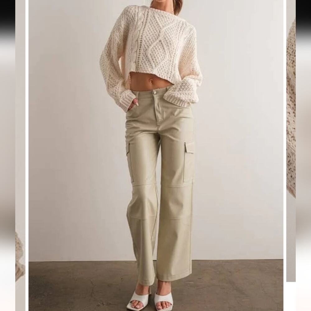 Papermoon NNT Cora Cropped Cable Thick Loose Knit Ivory Crewneck Sweater S - Picture 13 of 15